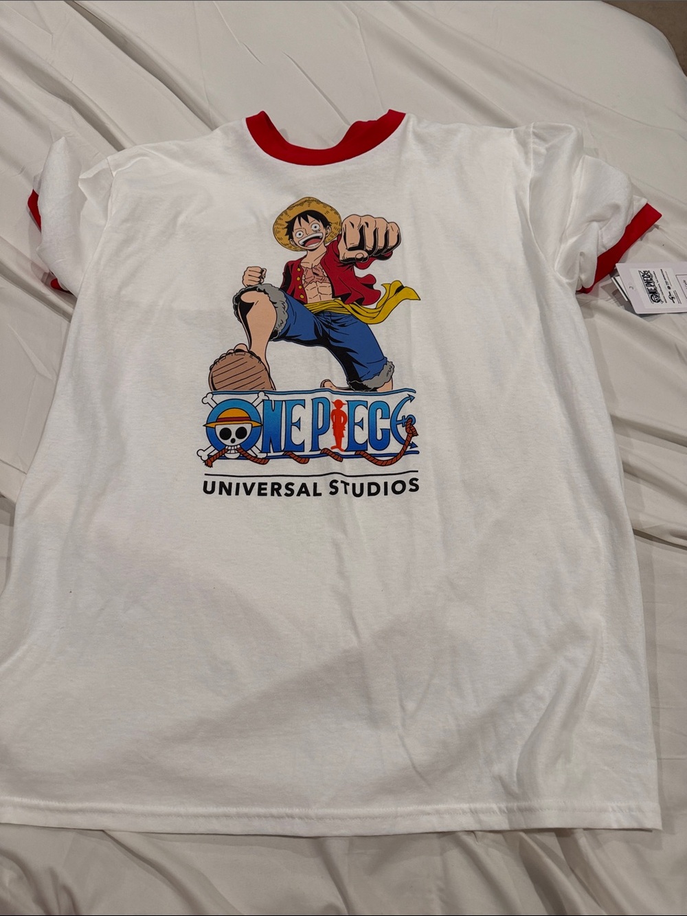 Universal White Ringer Tee with Red Trim and One Piece Luffy Graphic